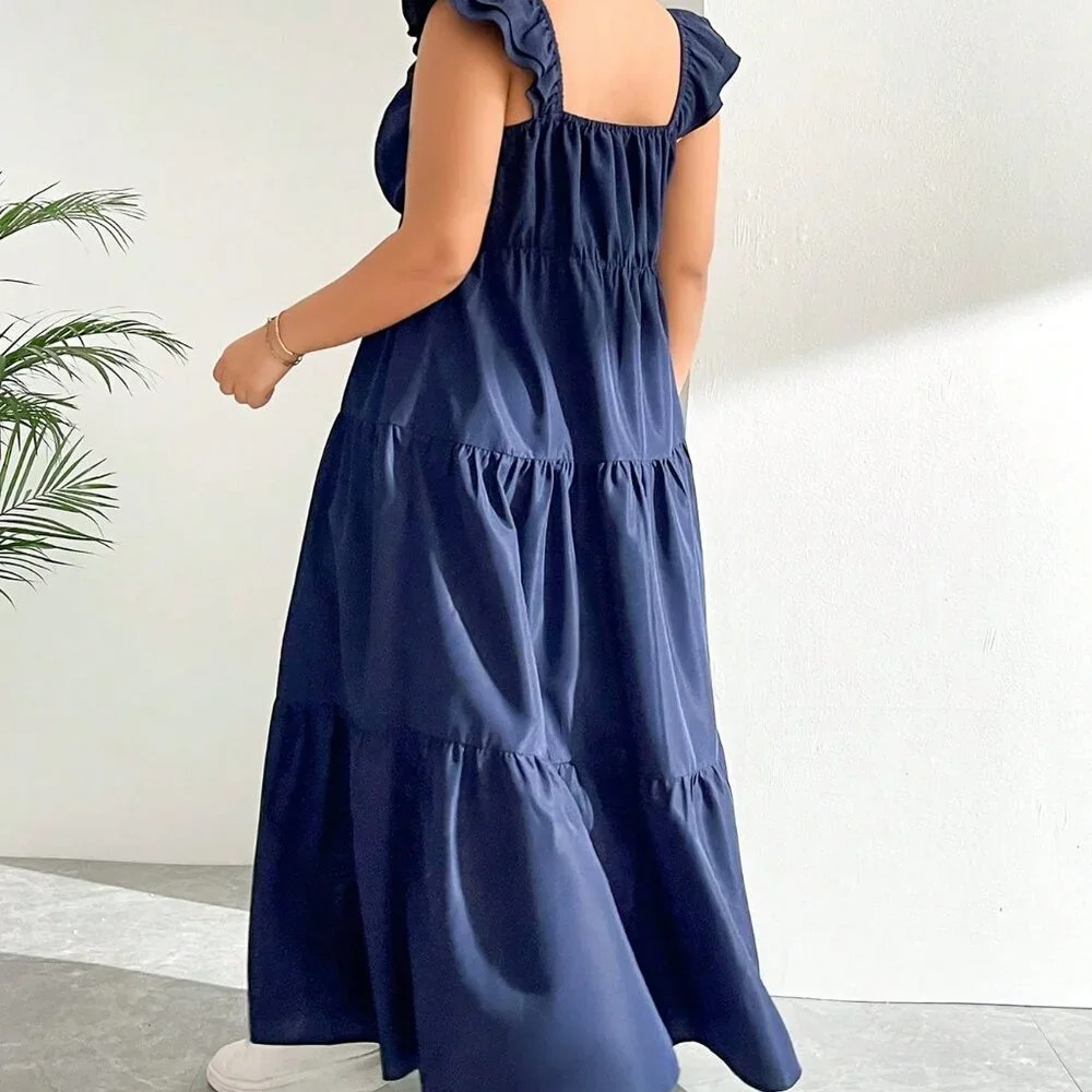 Navy Blue Casual Women's Plus Size V-Neck Sweetheart Sexy Fashion Dress - Picture 8 of 8